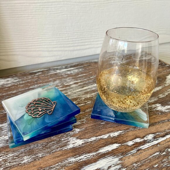 Ocean Animals Ocean Waves Resin Drink Coasters Set of 4 Beach House Dolphin - Picture 7 of 8